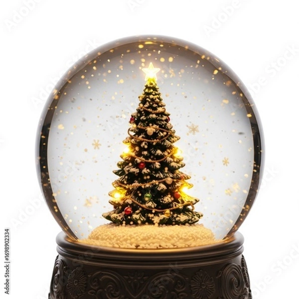 Fototapeta Sparkling Christmas Tree Snow Globe Decoration on Ornate Brown Base Isolated on White