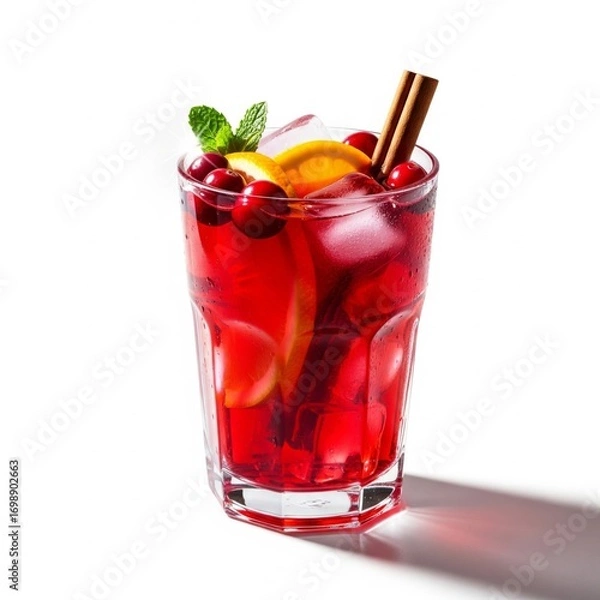 Fototapeta Refreshing Cranberry Cocktail with Ice Cubes and Cinnamon Stick on White