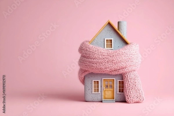 Fototapeta A small, gray house figurine wrapped in a pink knitted scarf, set against a pale pink background