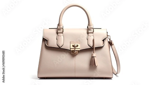 Fototapeta A light beige leather handbag with gold hardware, featuring a tassel and a shoulder strap, is presented against a plain white background.