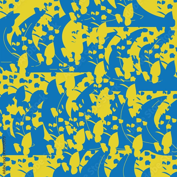 Fototapeta Seamless, lively pattern in blue and yellow with stylized leaves and organic shapes. Ideal for fabrics, packaging, or digital backgrounds. Fresh, modern, and decorative.
