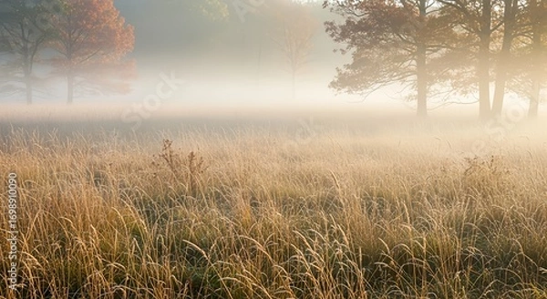 Fototapeta Enchanting autumn morning with a mystical fog blanketing a golden field, creating a serene natural fall background