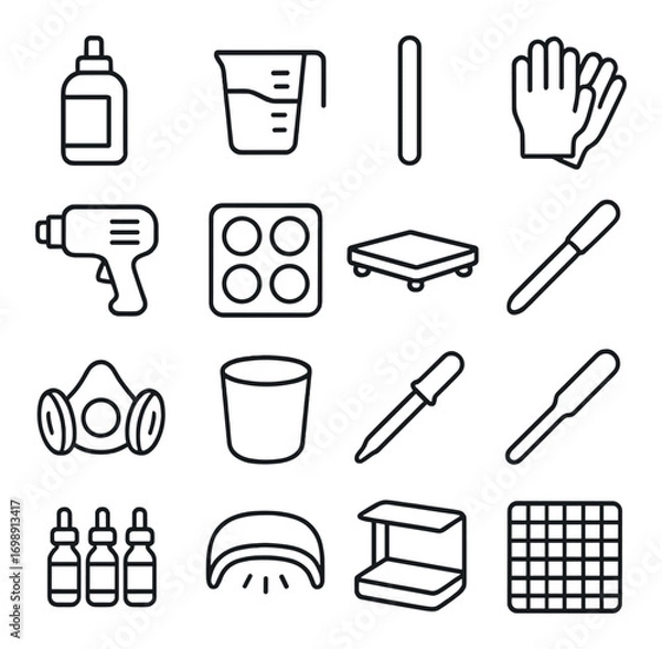 Obraz Laboratory equipment linear icon set. featuring glue, beaker, gloves, pipette, mask, and containers.