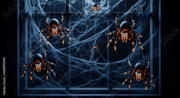 Fototapeta Cluster of Spiders and Webs Against a Dark Background in Pixel Art Style