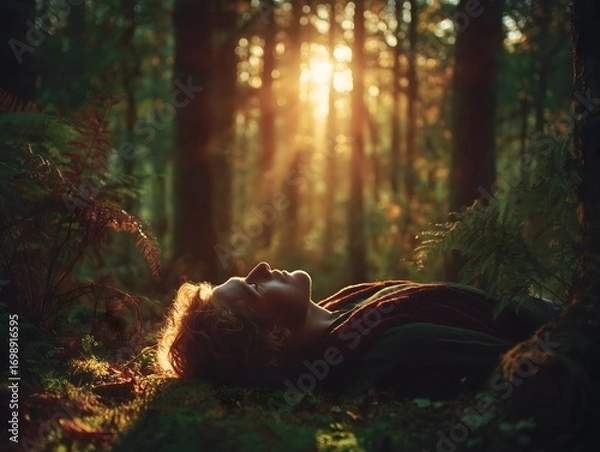 Fototapeta A person lying on the forest floor, surrounded by ferns and trees, with sunlight filtering through the leaves, creating a serene atmosphere