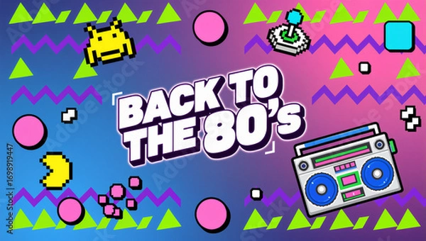 Fototapeta A nostalgic graphic background with the text "Back to the 80s". The design is in a retro style with a gradient of pink, blue, and purple, featuring pixel art icons of a boombox, an alien, and joystick
