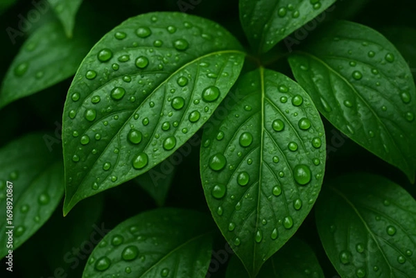 Obraz Close Up of Green Leaves with Water Droplets
