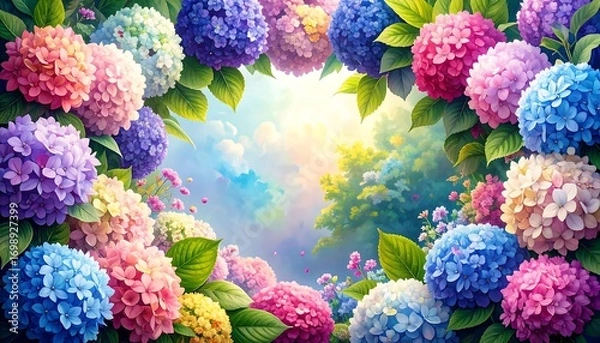 Obraz A vibrant display of hydrangeas in a garden setting, showcasing a variety of pastel colors and a soft, serene atmosphere.