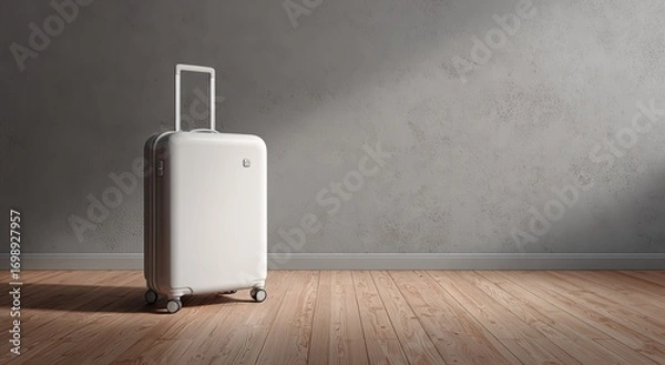 Fototapeta A white suitcase stands on a light-brown wooden floor against a textured light-gray wall.  Sunlight casts a shadow on the wall