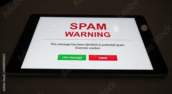 Obraz Tablet displaying a spam warning message with options to view or delete.