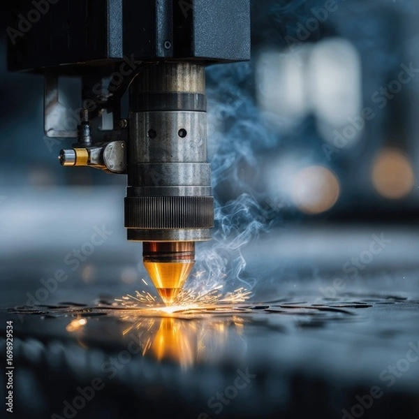 Fototapeta Industrial metal cutting machine in action.  Smoke and sparks erupting from nozzle