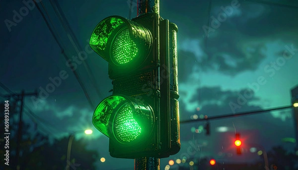 Fototapeta Green Light Signal in Urban Evening: A captivating photograph showcases an illuminated green traffic light, signaling the clear path forward amidst the urban cityscape and night setting.