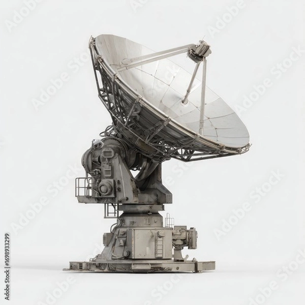 Fototapeta Large, reflective dish antenna on a gray metallic base.  Detailed machinery is visible