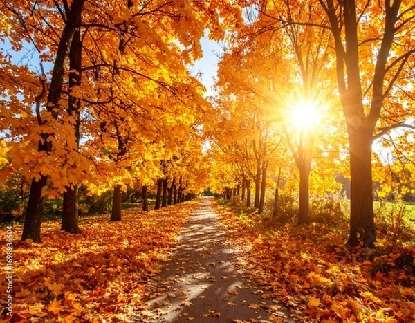 Fototapeta Autumnal path lined with golden trees (2)
