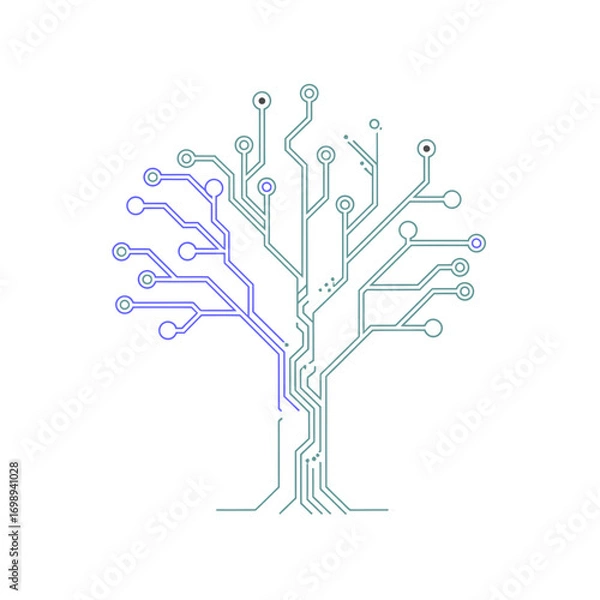 Obraz Vector art of abstract digital tree with circuit board branches and roots, futuristic technology concept