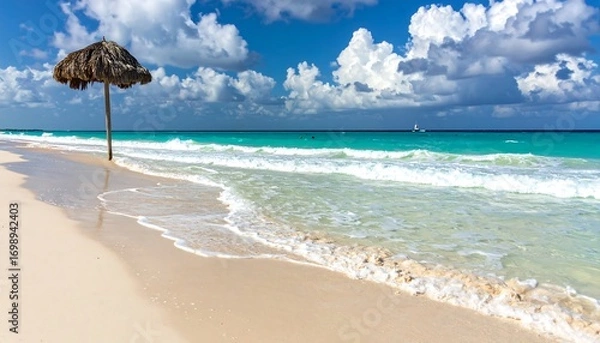 Fototapeta Tropical beach scene with a thatched umbrella