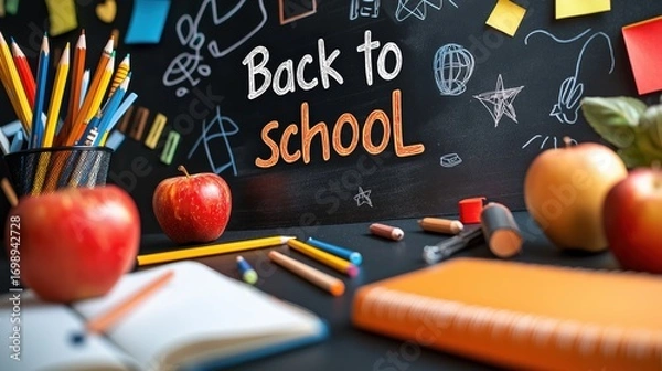 Fototapeta Bright and inviting classroom setup with school supplies and motivational message welcoming students back to learning