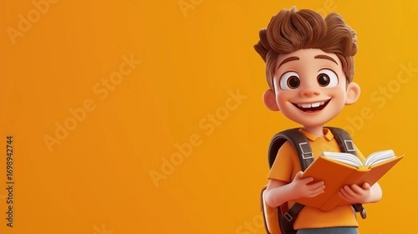 Fototapeta Cheerful boy with backpack reading in a vibrant orange setting during a sunny day