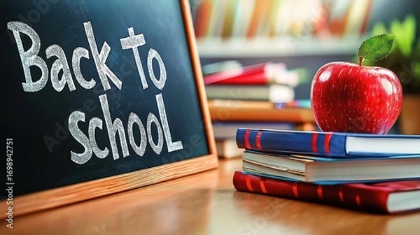 Fototapeta Hyper-realistic photography of a clean chalkboard featuring the phrase back to school alongside books and an apple on a wooden desk