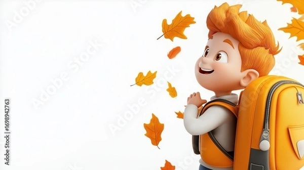 Fototapeta Child enjoying autumn with falling leaves and a backpack in a minimalist illustration
