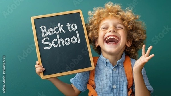 Fototapeta Young boy with curly hair joyfully holding a chalkboard sign about going back to school in a minimalist setting