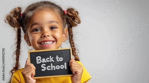 Fototapeta Young girl smiles while holding a chalkboard sign that says Back to School in a bright, minimalist setting