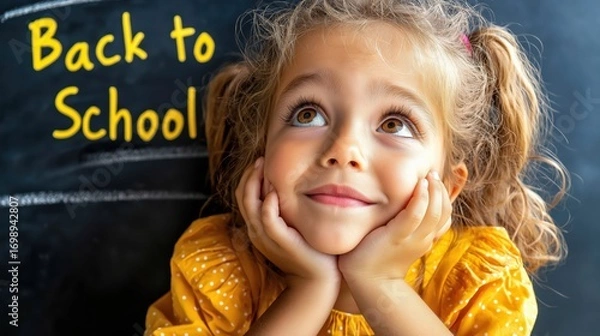 Fototapeta Young Latina girl with thoughtful expression in minimalist school setting during back to school season