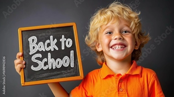 Fototapeta Young boy smiles with enthusiasm holding a chalkboard sign for back to school in a minimalist setting