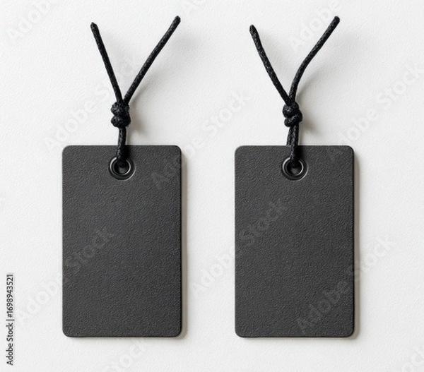 Fototapeta Two blank, dark gray price tags, tied with black string, on a white background