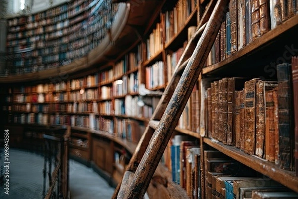 Fototapeta Circular library shelves filled with books, a wooden ladder leaning against them
