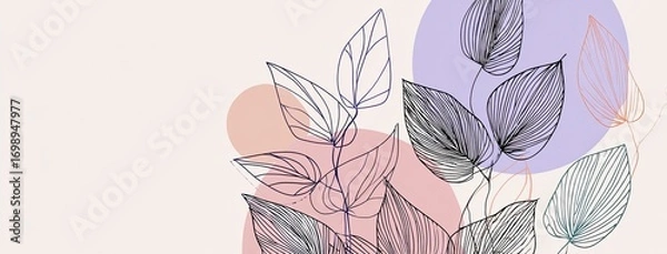 Fototapeta Abstract botanical design with delicate line art leaves and soft color circles