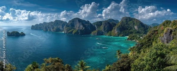 Fototapeta Panoramic view of a tropical bay with dramatic limestone cliffs and lush vegetation, turquoise water, and scattered boats