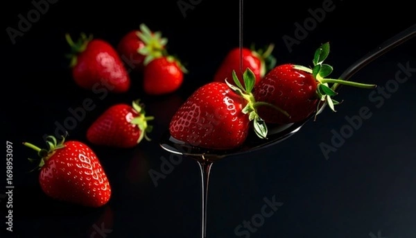 Fototapeta Strawberries and dark syrup on a spoon against a dark background