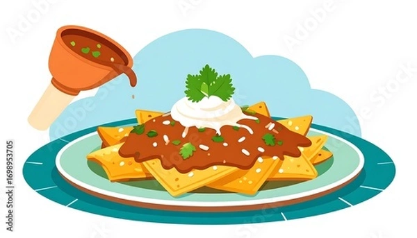Fototapeta A plate of nachos with a sauce being poured