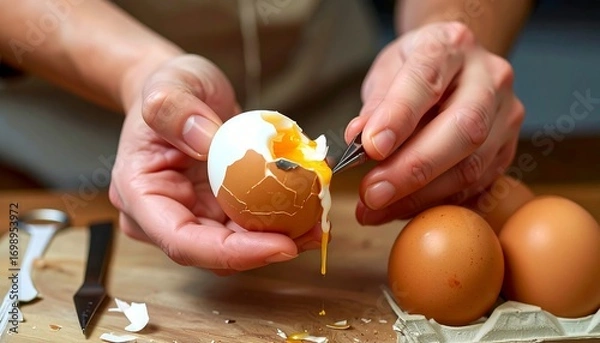 Fototapeta Hands carefully cracking open a hard-boiled egg