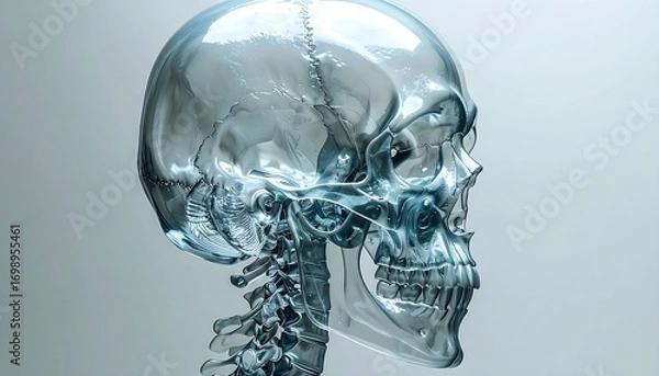 Fototapeta A translucent, detailed 3D model of a human skull and neck