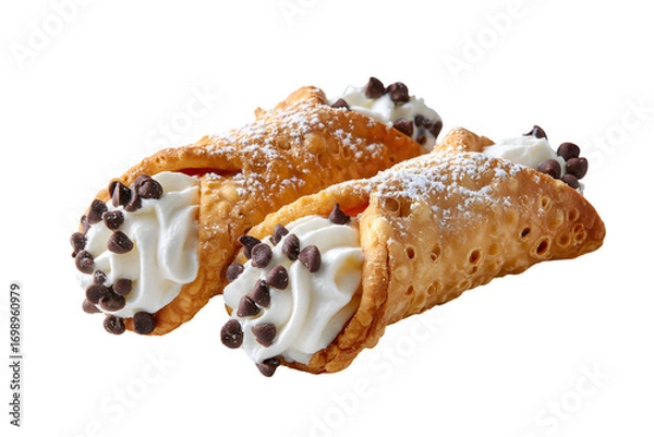 Fototapeta Two classic Sicilian cannoli on a plate. Crispy fried pastry shells are filled with a sweet, creamy ricotta and dotted with mini chocolate chips.