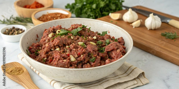Obraz Seasoned Ground Beef with Herbs and Spices