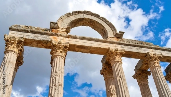 Fototapeta Ancient stone pillars and arch against a cloudy sky