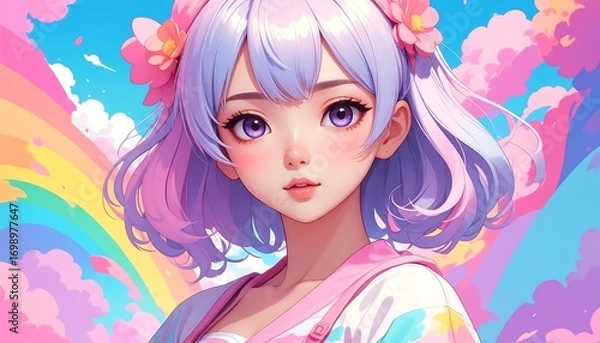 Obraz A captivating digital illustration of a young woman with vibrant purple and pink hair, flower accessories, and expressive eyes set against a backdrop of a colorful rainbow and soft clouds.