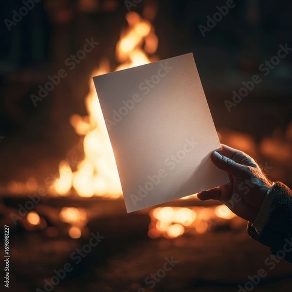 Fototapeta Hand Holding Paper Mockup in Front of Fire – Realistic Poster and Flyer Template