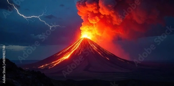 Fototapeta Spectacular volcanic eruption with dramatic lightning illuminating the ash plume against a dark night sky A rare and powerful display of nature's fury , force, hot, natural disaster