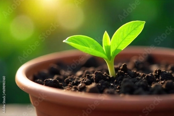 Fototapeta Close-up of vibrant green sprouts emerging from rich soil in a terracotta pot, sunlight illuminating new growth , nature, growth, sunlight