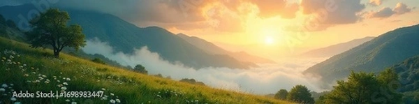 Fototapeta Serene landscape bathed in ethereal light, conveying a sense of spiritual peace and protection; perfect for concepts of sanctuary, refuge, and inner calm , solace, spiritual cover
