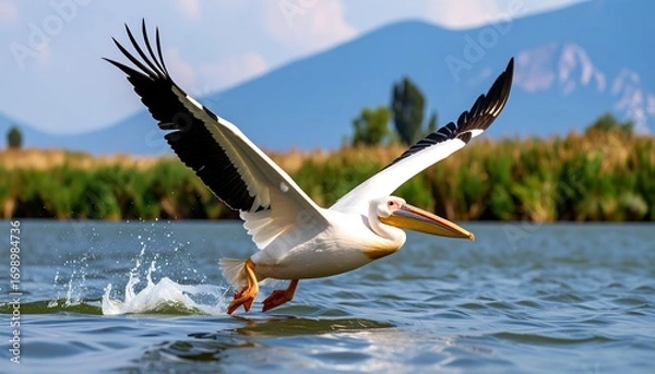 Obraz White pelican taking flight over a lake