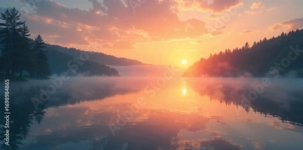Fototapeta Serene sunrise over a tranquil lake, mist gently rising, conveying a sense of peace and spiritual awakening Perfect for meditation, yoga, or mindfulness themes , soft, serene