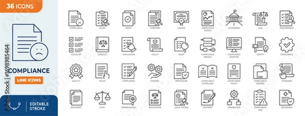 Fototapeta Compliance line editable icon set. Contain icons related to compliance, regulatory, governance, corporate, transparency, regulations and more. Editable stroke. Vector illustration