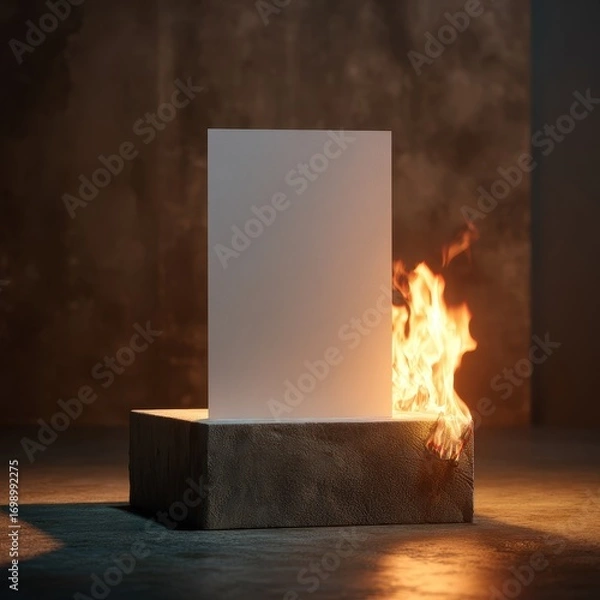 Fototapeta Poster Mockup on Stone Block with Side Flame – Realistic Design Presentation