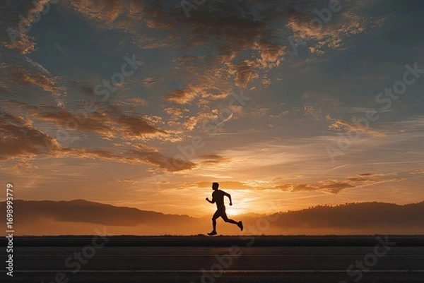 Fototapeta Silhouette of a runner at sunrise. A lone runner in silhouette sprints along a paved road at sunrise, against a dramatic sky filled with clouds and warm light
