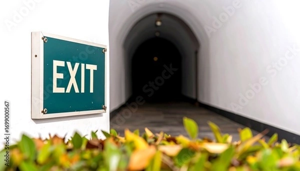 Obraz Exit sign on a white wall leading to a dark tunnel